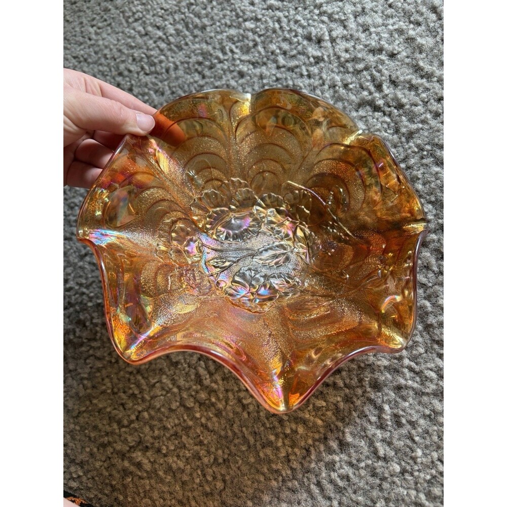 Vintage Imperial Art Glass Carnival Pansy Bowl Flowers 9" Marigold - Picture 3 of 5